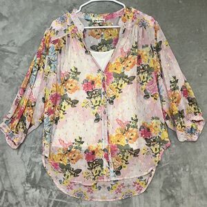 Hope Sring 2 Piece Floral Pink with Gold Tones Button Sheer Blouse Womens Size L